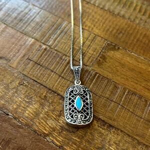 Vintage Deco Sterling Silver, Marcasite, Turquoise Pendant Necklace